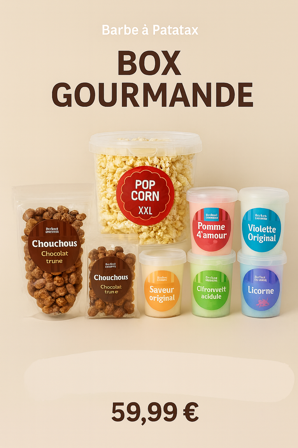 Box Gourmande – Chouchous, Pop Corn XXL & 5 Barbes à Papa